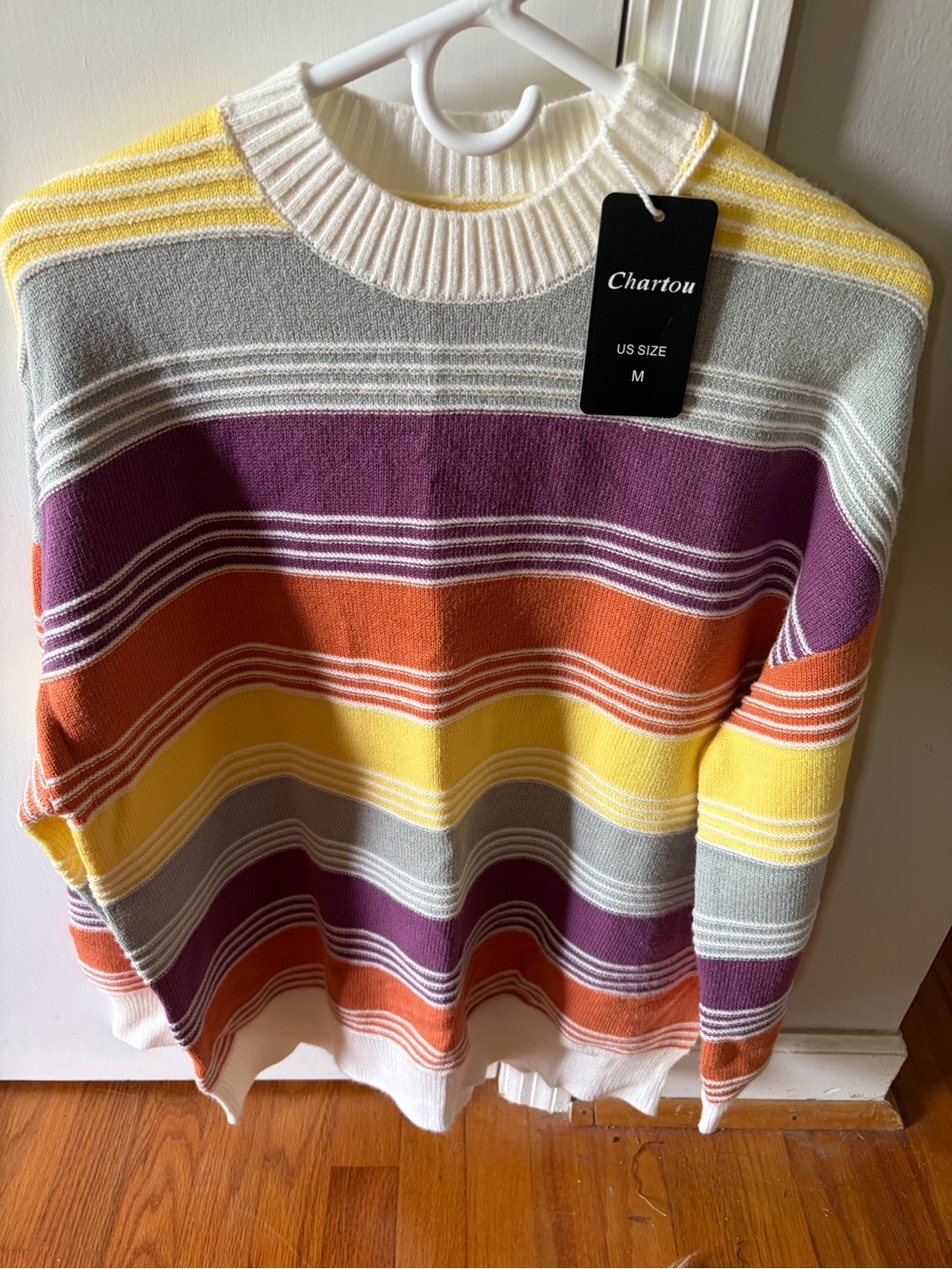 Chartou Striped Crewneck Sweater in Yellow, Purple, Orange, Gray & White